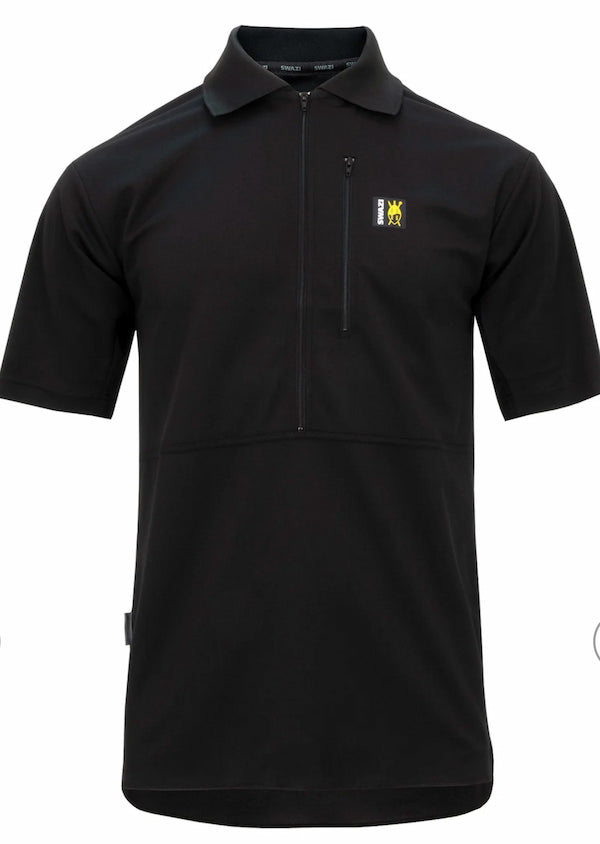 Black polo shirt with a small logo on the chest against a white background