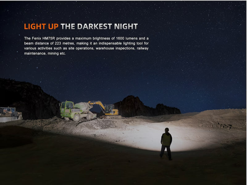 Person using a flashlight in a dark outdoor setting with text about the FENIX HM75R flashlight.