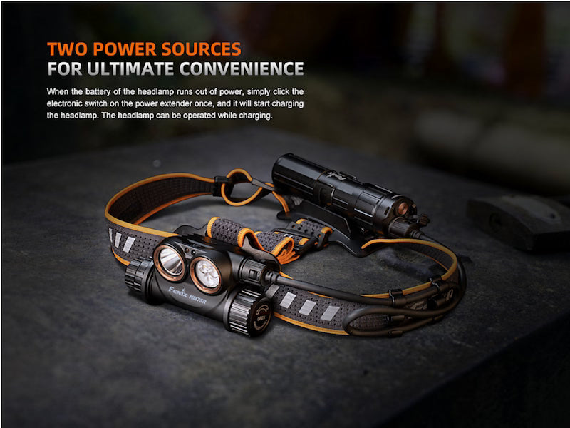 Headlamp with power extender on a dark surface, featuring text about power sources.
