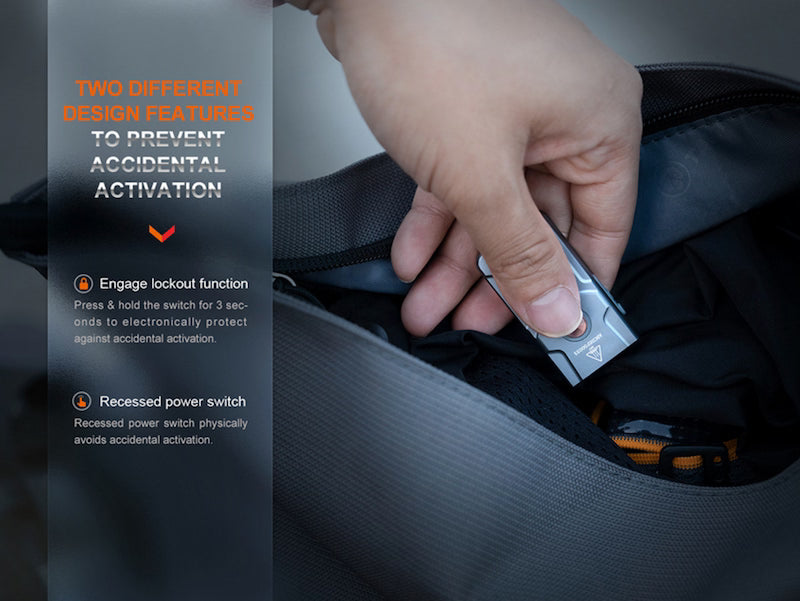 Hand interacting with a power switch on a product, with text explaining design features.