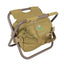 Brown folding chair with backpack on a white background