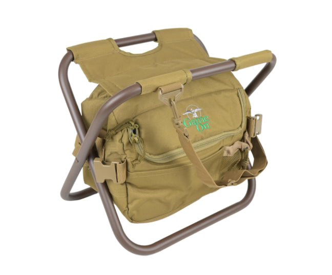 Brown folding chair with backpack on a white background