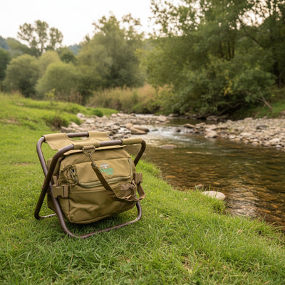 Green backpack with a chair attached by a river