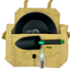 Beige tool bag with garden tools including a trowel, spray bottle, and black container on a white background.