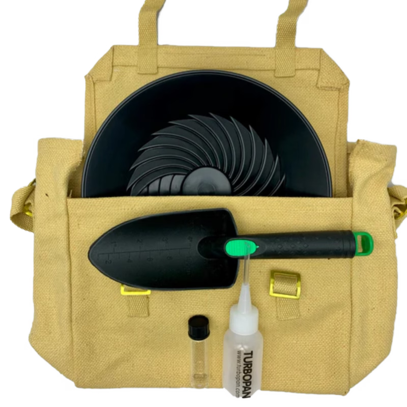 Beige tool bag with garden tools including a trowel, spray bottle, and black container on a white background.