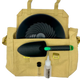 Beige tool bag with garden tools including a trowel, spray bottle, and black container on a white background.