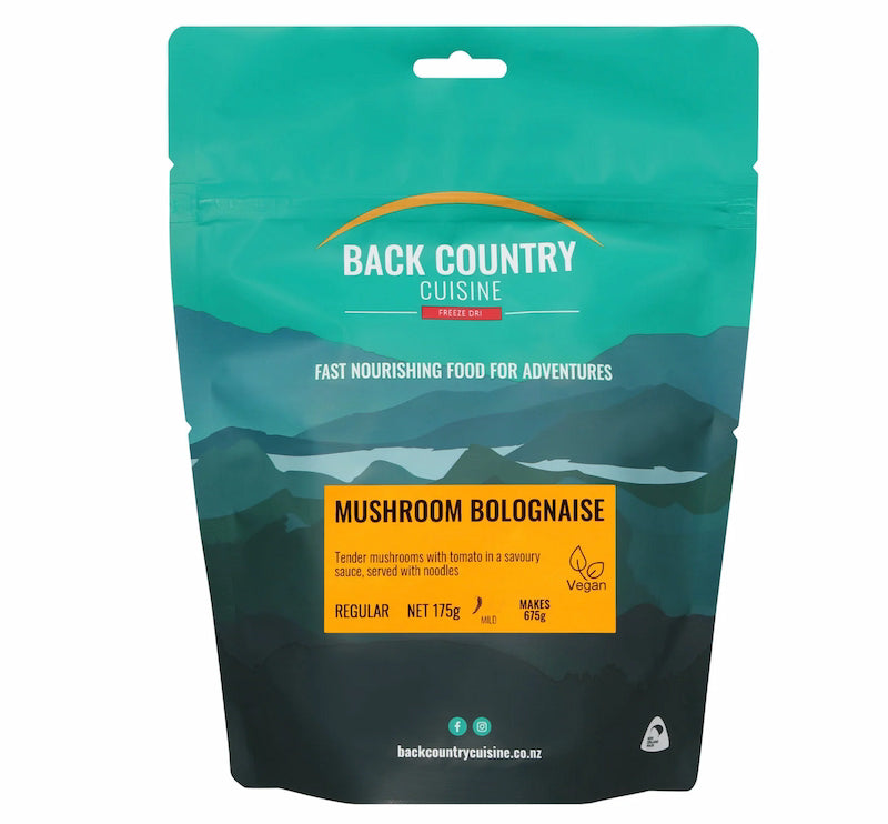 Back Country Cuisine Mushroom Bolognaise package with mountain design on a teal background