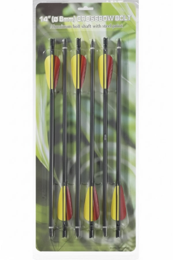 Pack of five 14-inch (36 mm) crossbow bolts with black aluminum shafts and yellow-and-red fletching, packaged in a clear blister pack with a green leaf-pattern backing card.