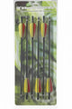 Pack of five 14-inch (36 mm) crossbow bolts with black aluminum shafts and yellow-and-red fletching, packaged in a clear blister pack with a green leaf-pattern backing card.