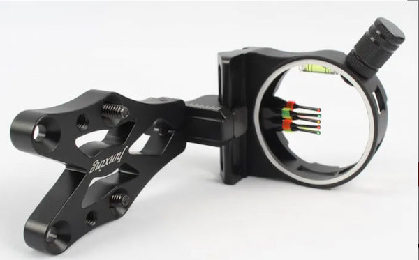 Black archery sight with colorful arrows on a white background