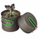 A dark gray camping pot with a matching lid, both featuring bright green handles, shown with a built-in Optifocus fuel burner. The pot has a circular logo on the front.