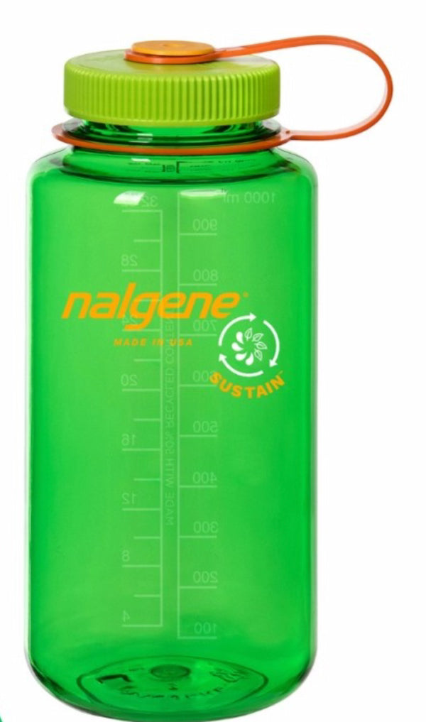 Green Nalgene bottle with orange lid on a white background