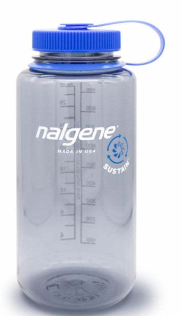 Clear water bottle with blue lid and 'nalgene' branding on a white background
