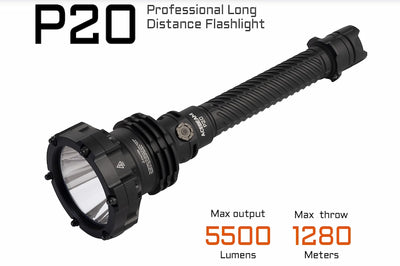 Black flashlight with extended hose labeled 'P20 Professional Long Distance Flashlight' on a white background.