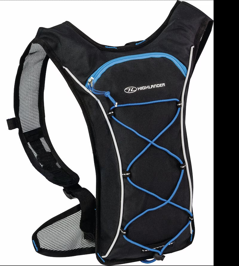 Black hydration vest with blue accents and Highlander logo on a white background