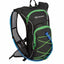 Black and green hydration backpack with visible branding on a white background