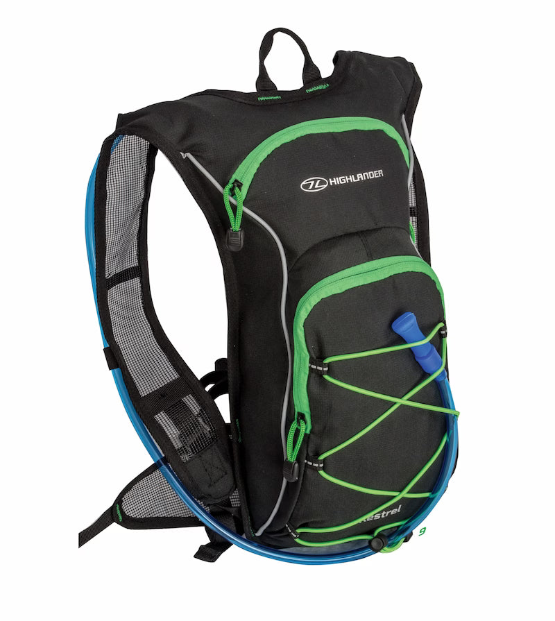 Black and green hydration backpack with visible branding on a white background