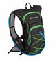 Black and green hydration backpack with visible branding on a white background