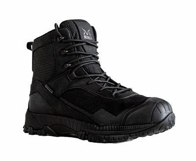 Black tactical boot on a white background