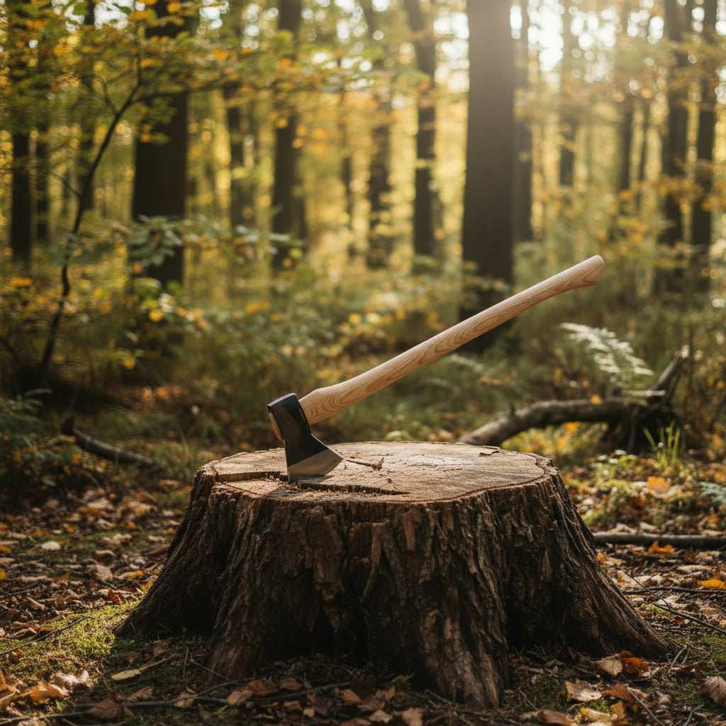 Axes on a tree stump in a forest