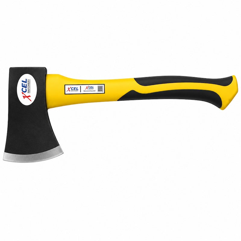 yellow handled small axe with black blade on a white background