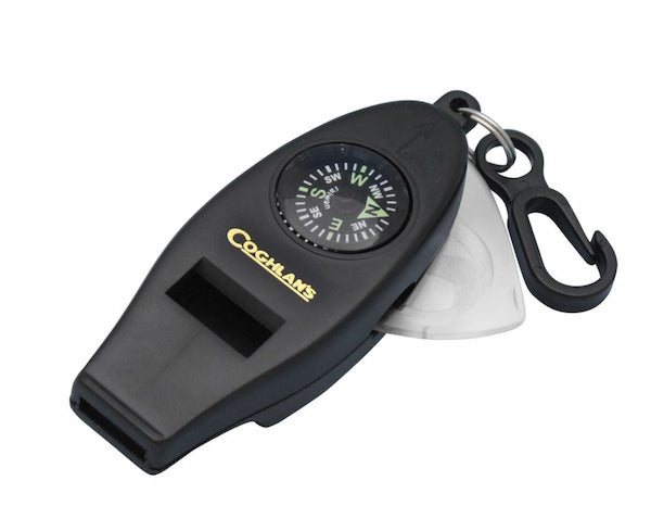 Black Coghlans whistle with compass and carabiner on a white background
