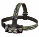 Camouflage headlamp with black strap on a white background