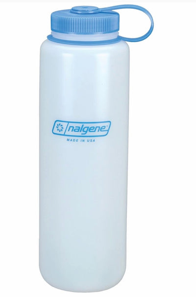 Nalgene water bottle with blue lid on a white background