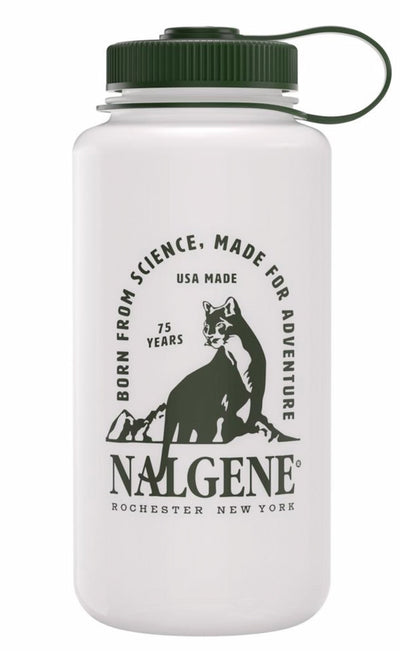 Nalgene water bottle with a green lid on a white background