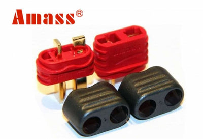 Amass brand connectors in red and black on a white background