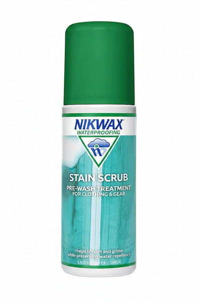 A can of Nikwax Waterproofing Stain Scrub pre-wash treatment for clothing and gear, featuring a green cap and a teal and white label.