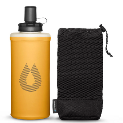 Yellow water bottle with black cap and black mesh pouch on a white background