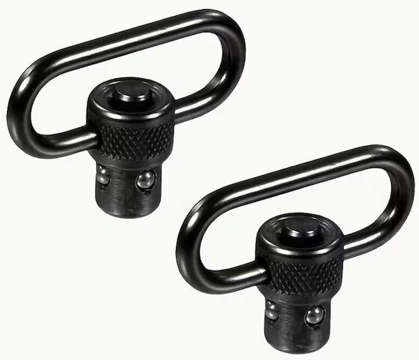 Two black metal QD (Quick Detach) swivel studs on a white background