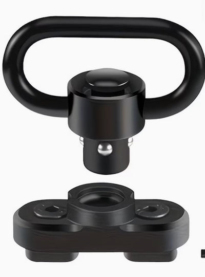 Black metal QD (quick-draw) swivel and spool on a white background
