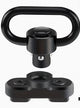 Black metal QD (quick-draw) swivel and spool on a white background