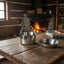 Wooden table with metal pots and a fireplace in the background