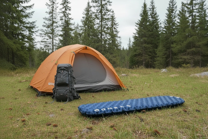 Orange tent, backpack, and blue sleeping pad in a forest setting
