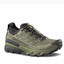Green hiking shoe with black sole on a white background