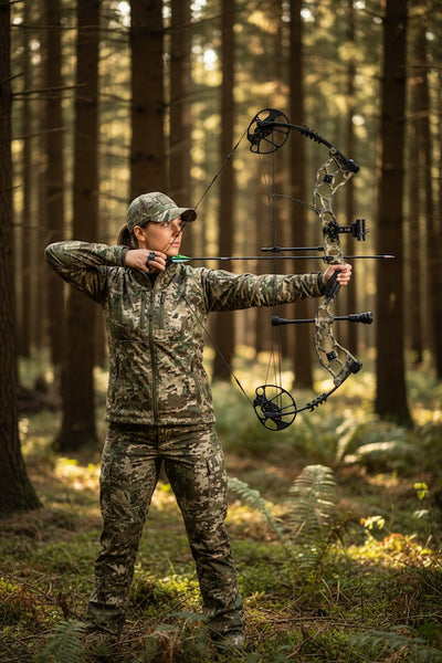 Person in camouflage attire with a bow in a forest setting