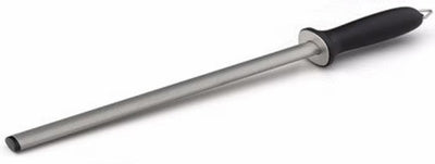 Long metal rod with black handle on a white background