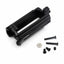Black mechanical component with screws on a white background