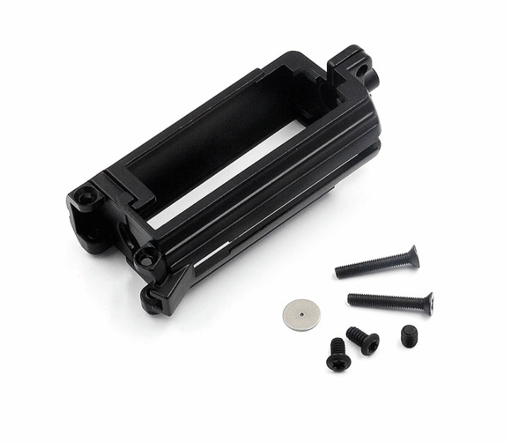 Black mechanical component with screws on a white background