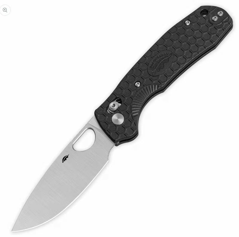 Folding knife with a purple handle on a white background