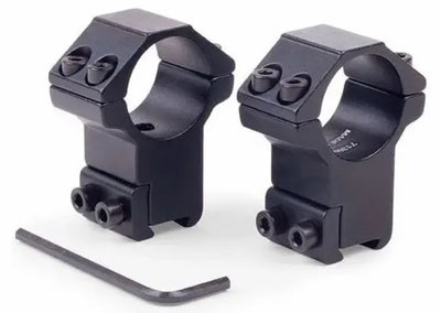 Two black metal rifle scope rings shown on a white background, with a small hex wrench placed in front.