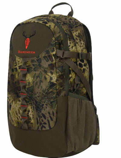 A camouflage hunting backpack with a woodland pattern in green, brown, and beige, featuring a front pocket with a deer head logo and the brand name 'BunTierra' in red, a side mesh pocket, and a top carry handle.