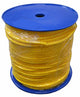 A large spool of bright yellow rope or cable wrapped in clear plastic, mounted on a blue plastic core, isolated on a white background.