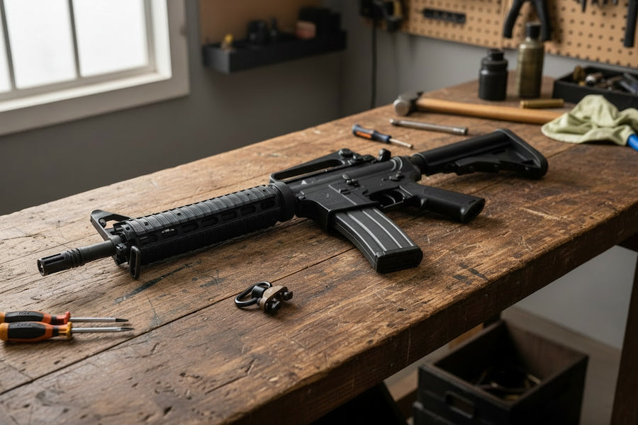 A black tactical rifle laid diagonally across a rustic wooden workbench in a workshop setting, surrounded by tools and hardware.