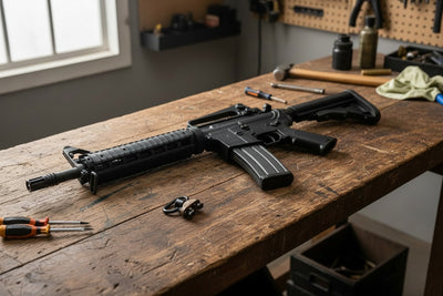 A black tactical rifle laid diagonally across a rustic wooden workbench in a workshop setting, surrounded by tools and hardware.