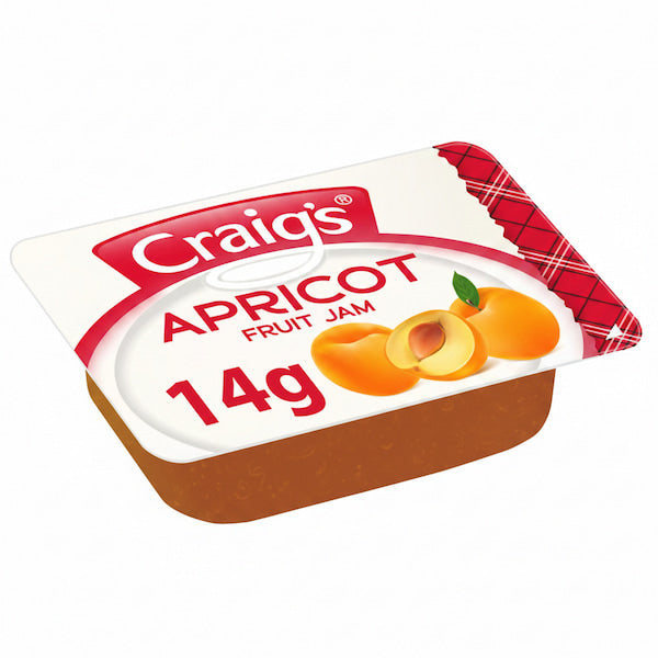 Packaging of Craig's Apricot Fruit Jam with a white background