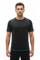 Man wearing a black athletic shirt with green accents on a white background